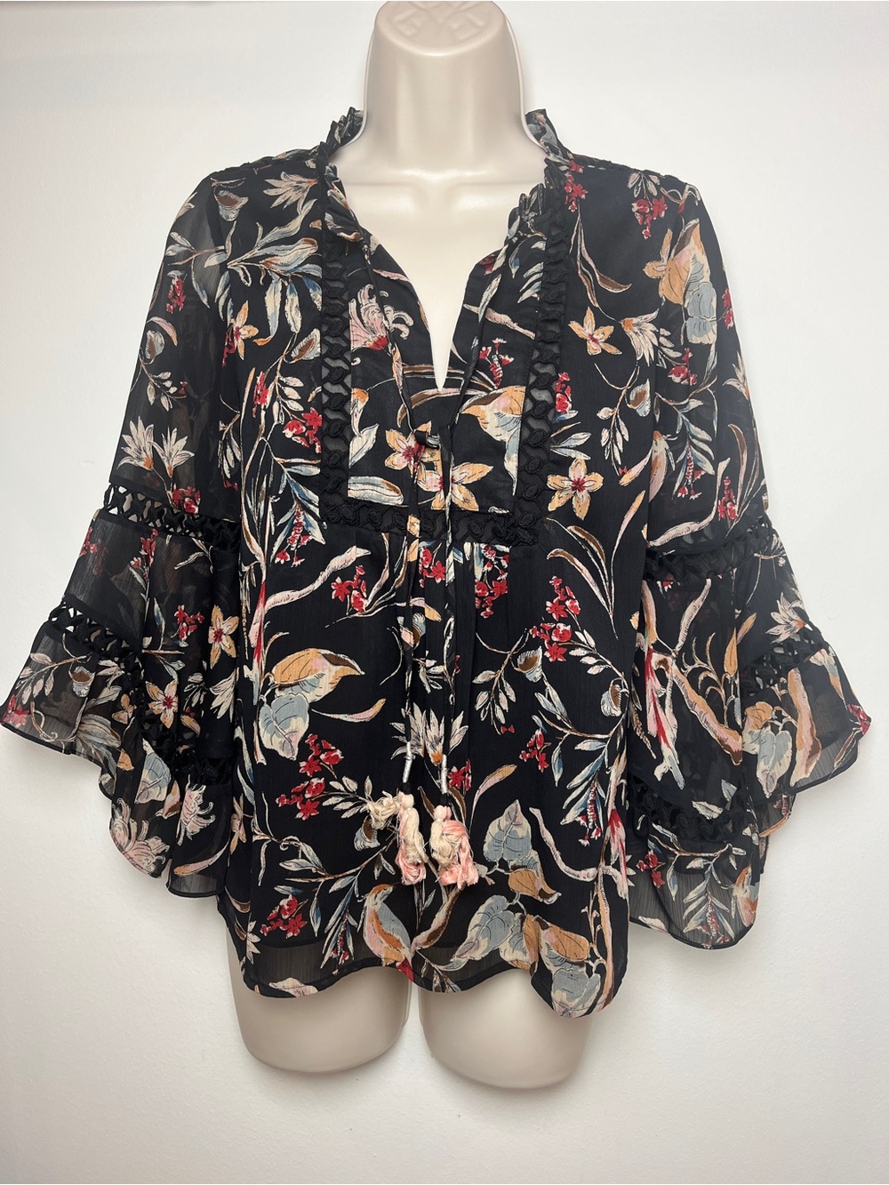 Anthropology Top Blouse Maeve Floral Peasant Black XS Hippie Bohemian Flow